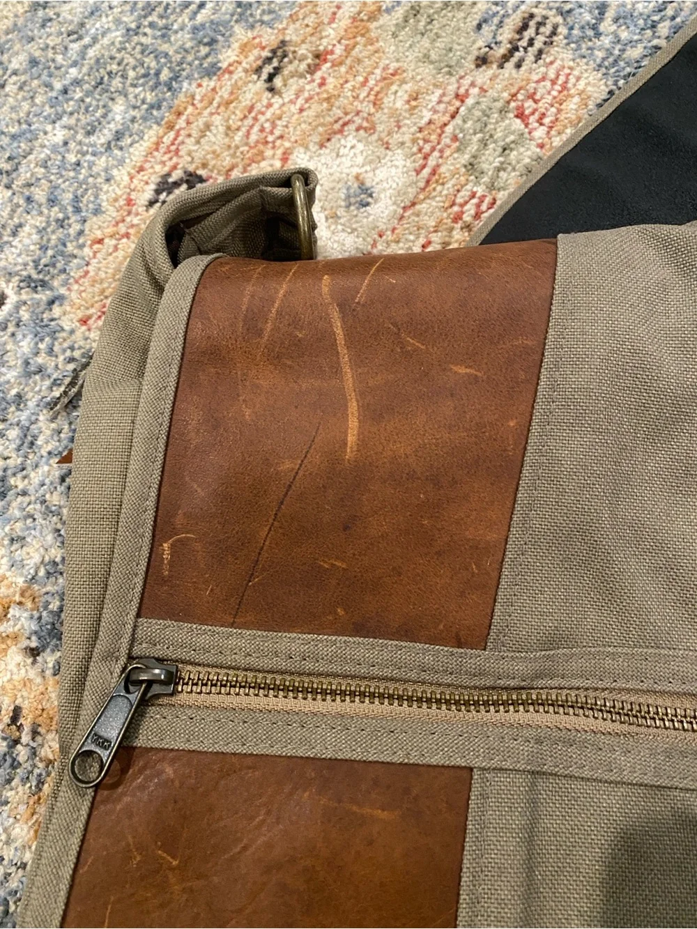 Bag, Men's Canvas Messenger Olive w/Brown Leather Trim